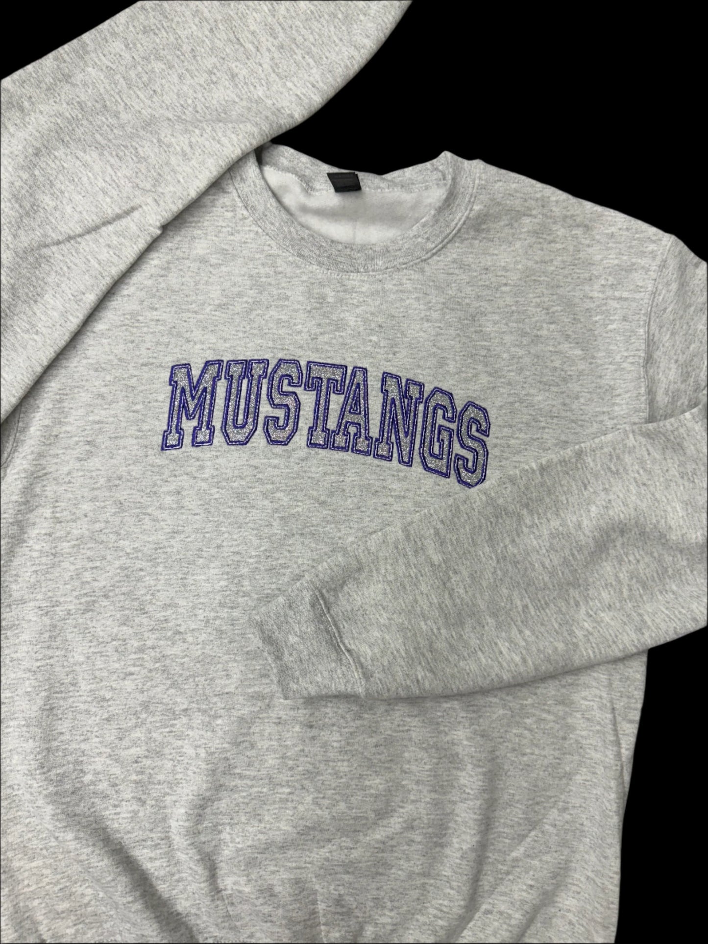 Embroidery MUSTANGS with silver glitter on Ash Crewneck