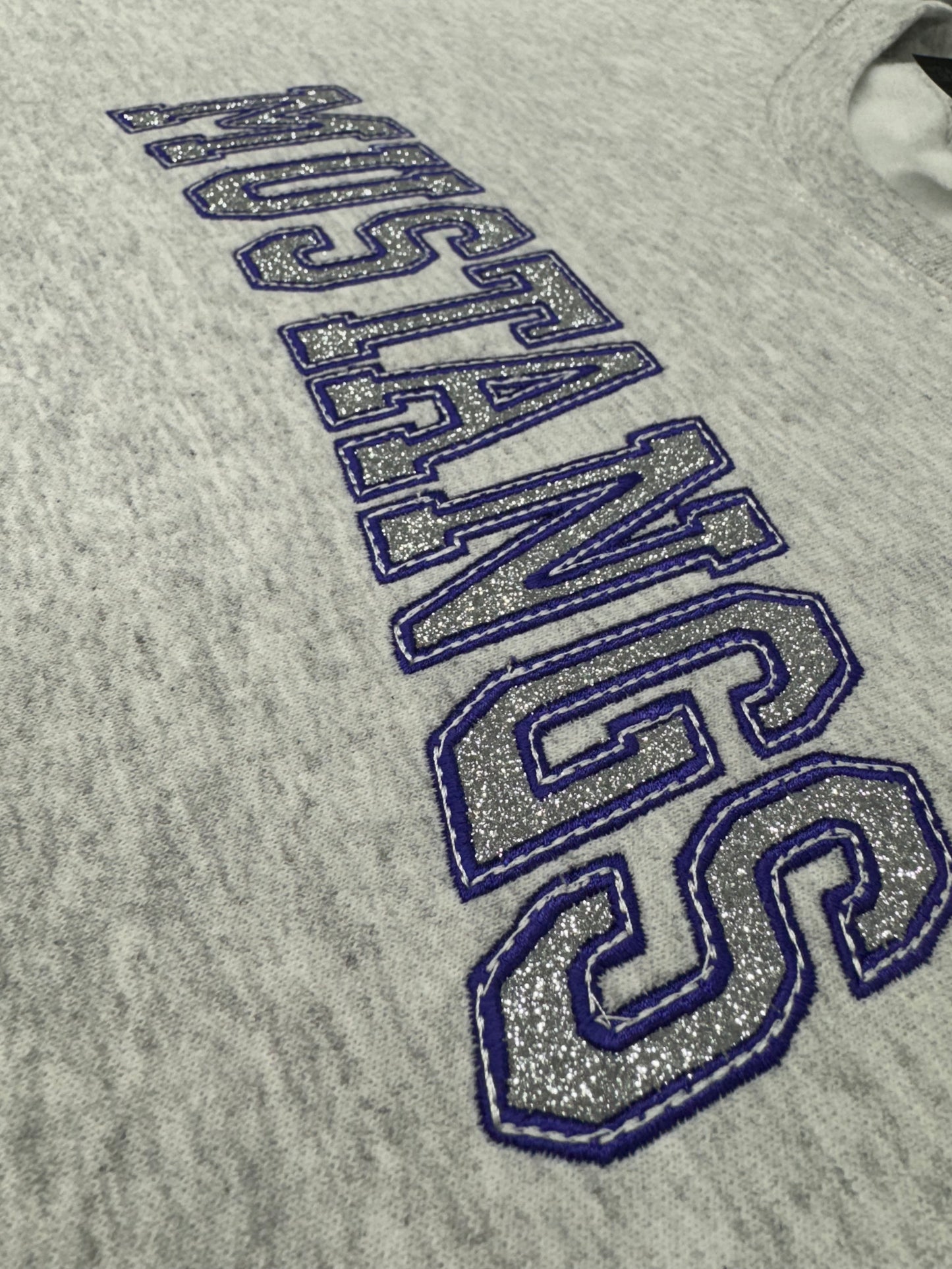 Embroidery MUSTANGS with silver glitter on Ash Crewneck