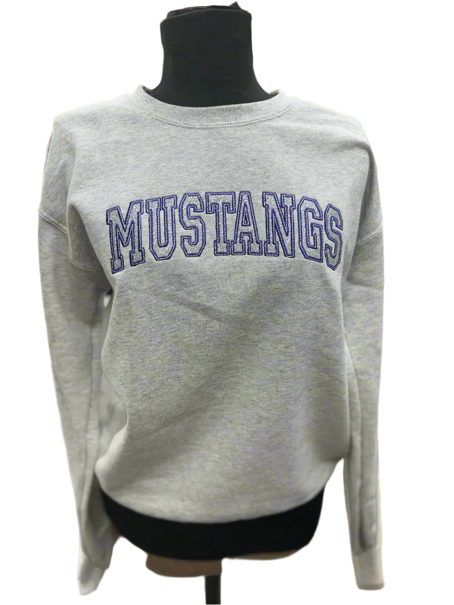 Embroidery MUSTANGS with silver glitter on Ash Crewneck