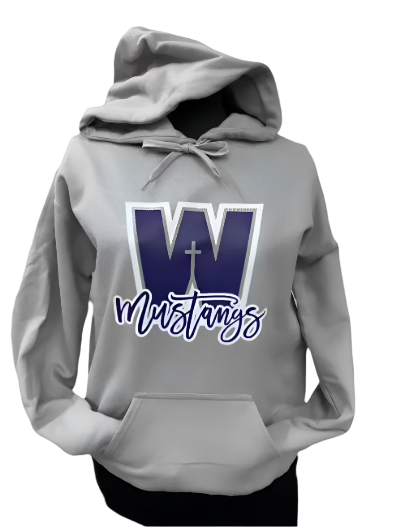Grey Hoodie - with W / Cursive Mustangs Graphic