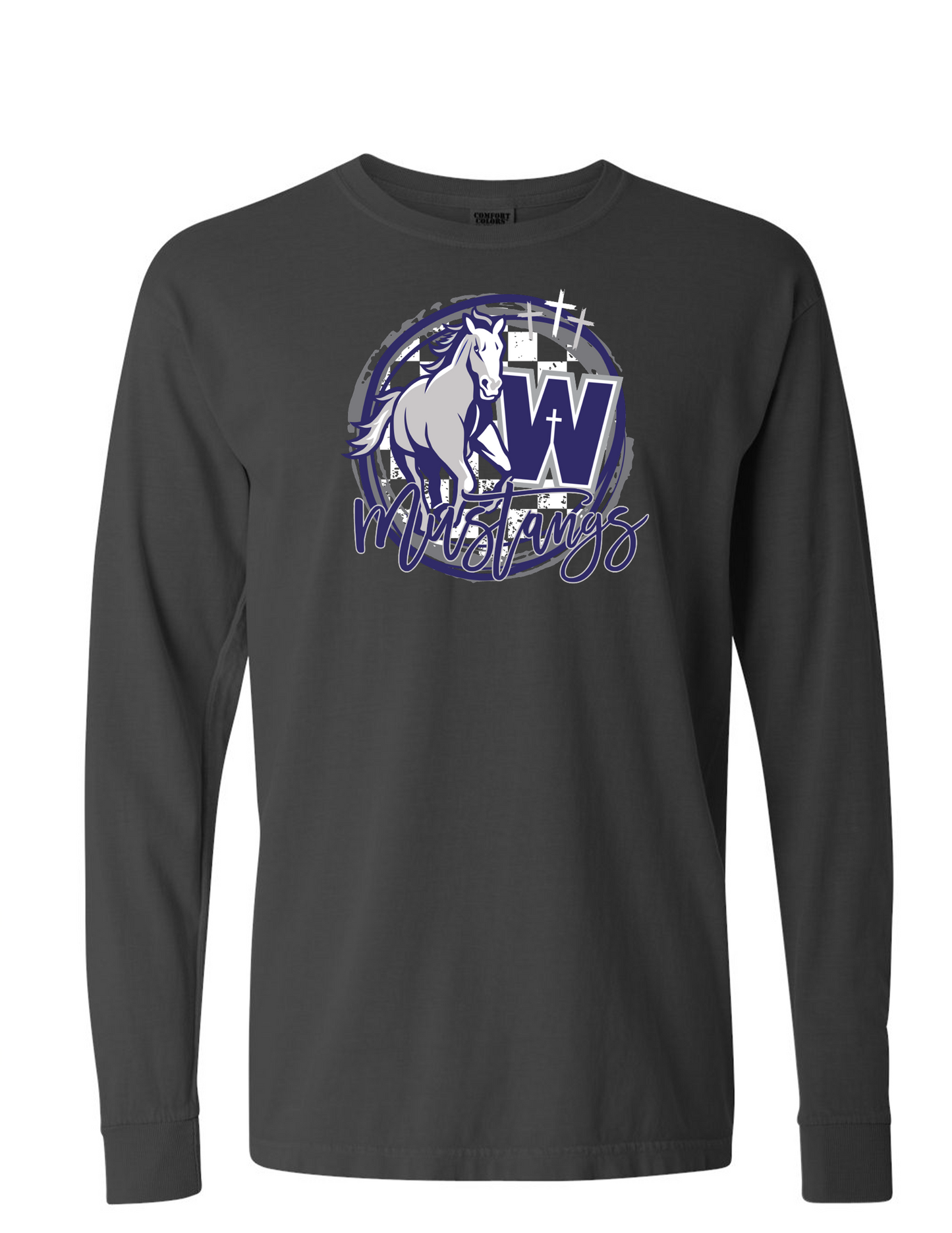 Mustang Circle Graphic Long Sleeve - Youth and Adult - Comfort Colors -Grape, Granite, Pepper