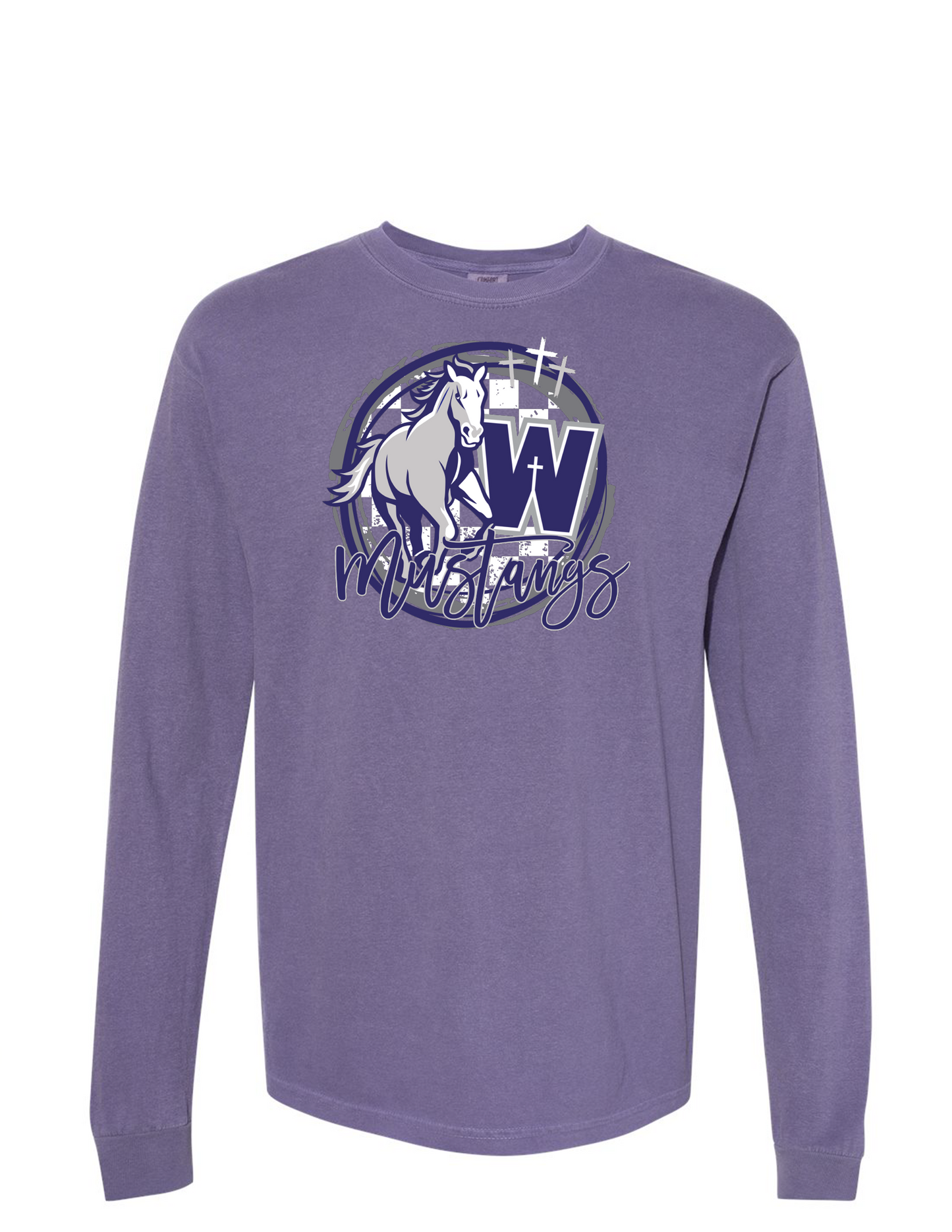 Mustang Circle Graphic Long Sleeve - Youth and Adult - Comfort Colors -Grape, Granite, Pepper