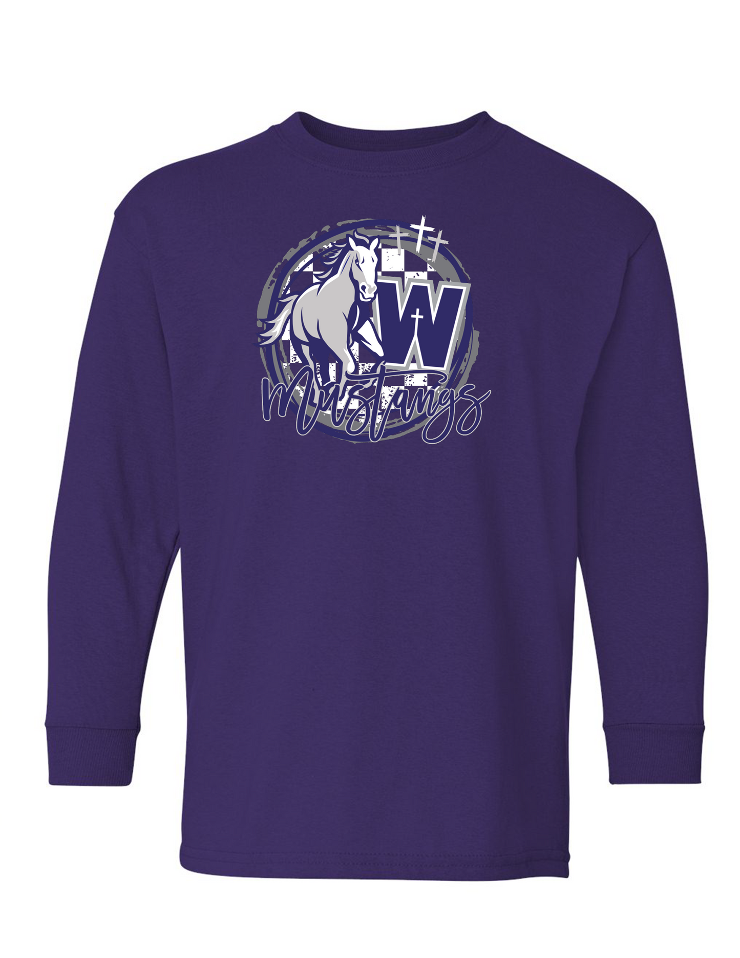 Mustang Circle Graphic Long Sleeve - Youth - Purple - Gildan Heavy Cotton Youth Long Sleeve