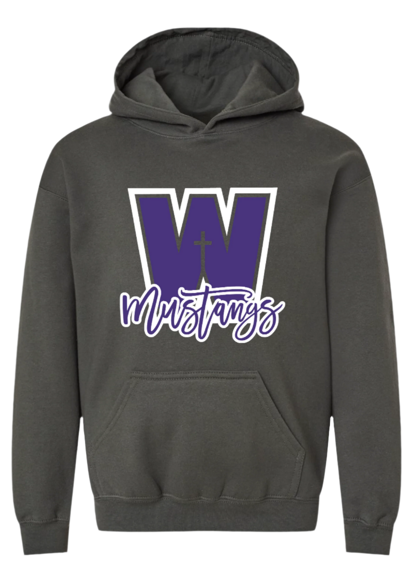 Youth and Adult sizes Charcoal Grey Hoodie - with W / Cursive Mustangs Graphic
