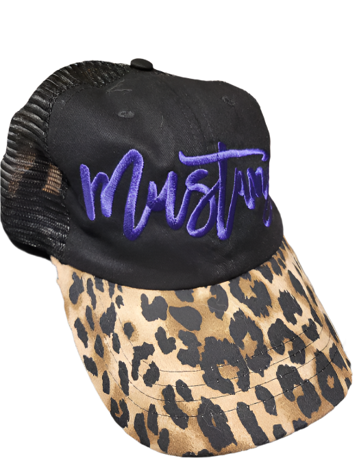 Custom Embroidery Mustang Cursive on Leopard Bill Hat
