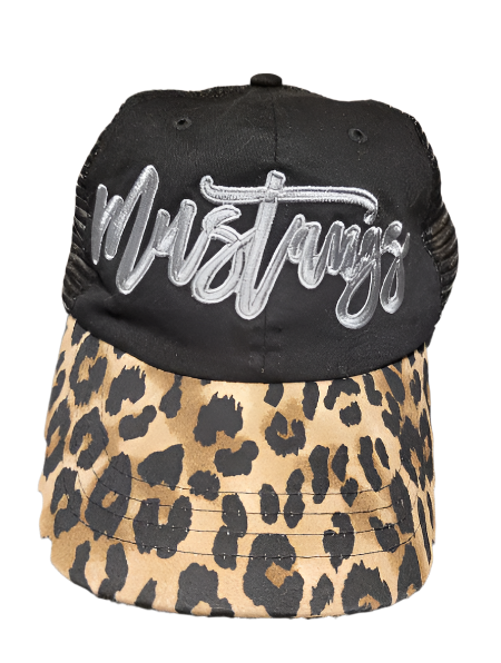 Custom Embroidery Mustang Cursive on Leopard Bill Hat
