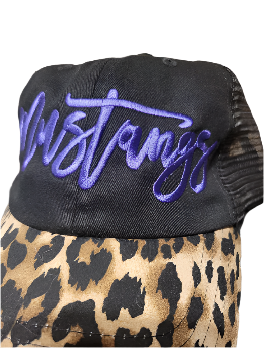 Custom Embroidery Mustang Cursive on Leopard Bill Hat