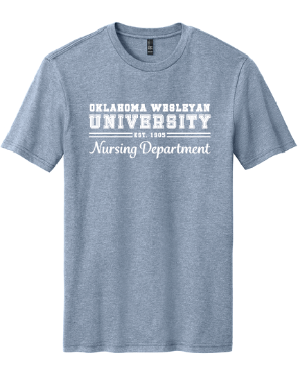 OKWU Custom Department Shirt - Gold Heather, Heather Navy, and Flint Blue Heather - District Perfect Blend CVC - DM108