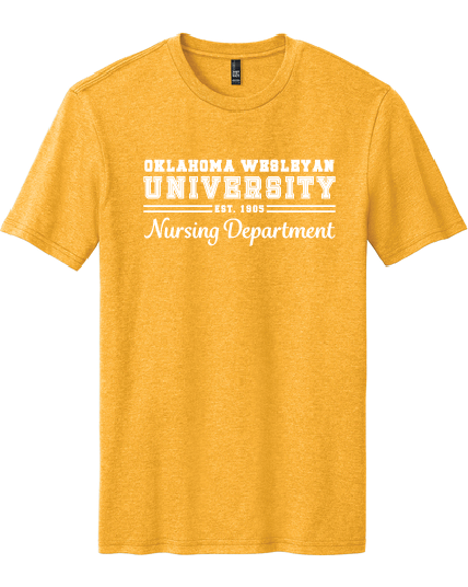 OKWU Custom Department Shirt - Gold Heather, Heather Navy, and Flint Blue Heather - District Perfect Blend CVC - DM108