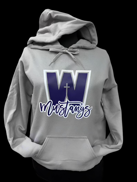 Grey Hoodie - with W / Cursive Mustangs Graphic