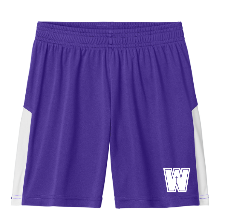 YOUTH PE Shorts Purple with W logo - Sport-Tek® PosiCharge® Mesh 5” PE Shorts Purple with W logo