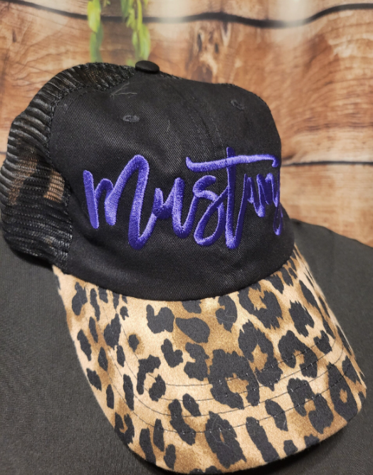 Custom Embroidery Mustang Cursive on Leopard Bill Hat