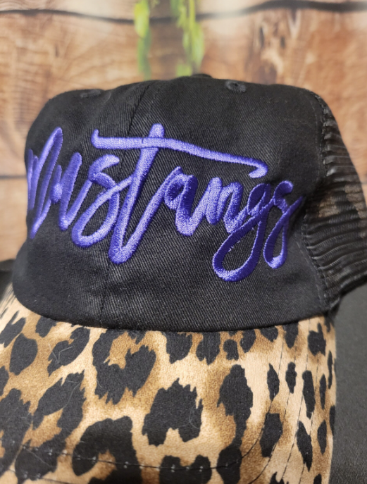 Custom Embroidery Mustang Cursive on Leopard Bill Hat
