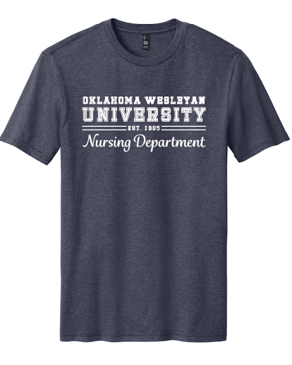 OKWU Custom Department Shirt - Gold Heather, Heather Navy, and Flint Blue Heather - District Perfect Blend CVC - DM108