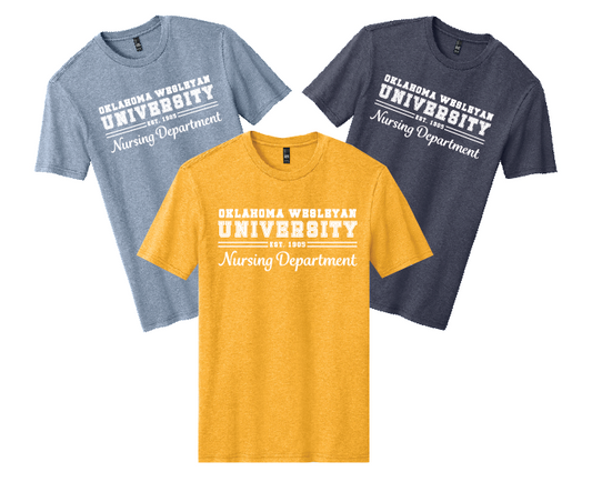 OKWU Custom Department Shirt - Gold Heather, Heather Navy, and Flint Blue Heather - District Perfect Blend CVC - DM108